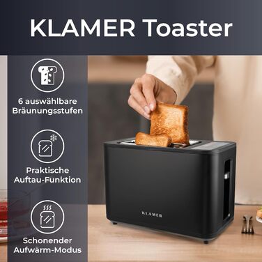 Тостер KLAMER з підставкою для булочок, 2-слотовий, 6 режимів підсмажування, сенсорний дисплей, лоток для крихт, матовий чорний
