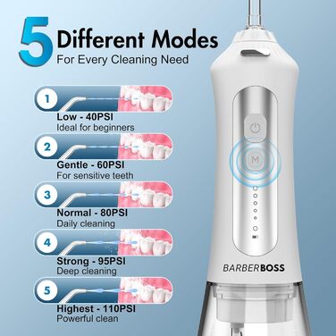 М'який ірригатор для порожнини рота BarberBoss QR-7024 (білий) – 5 насадок, різні режими очищення, портативний