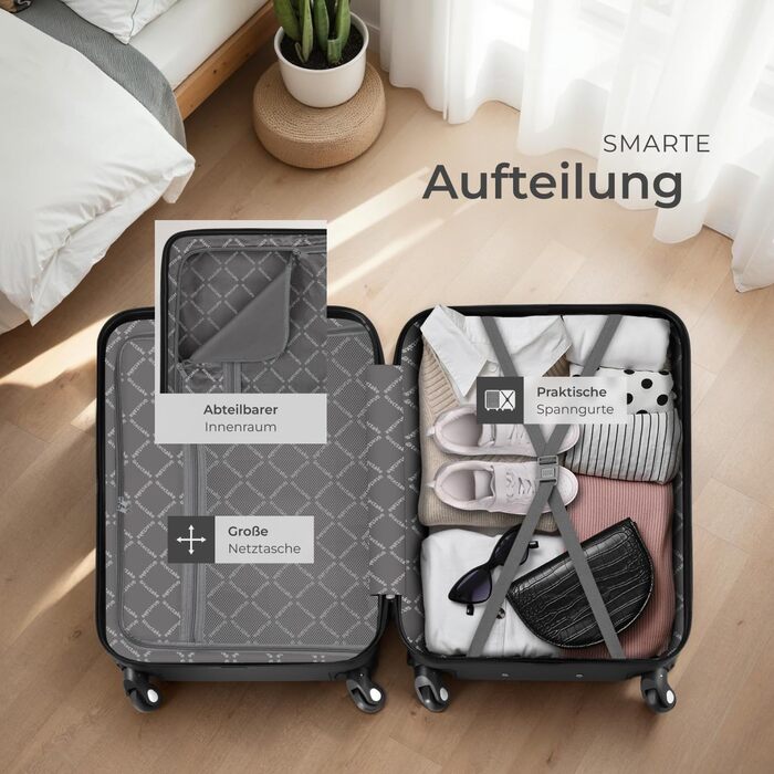 Набір валіз Tectake® 4 шт. з відстірними колесами 360°, валізи з жорсткою оболонкою та TSA-замком, велика валіза з роздільником, ручна валіза на телескопічному стійці - шампань (чорний)