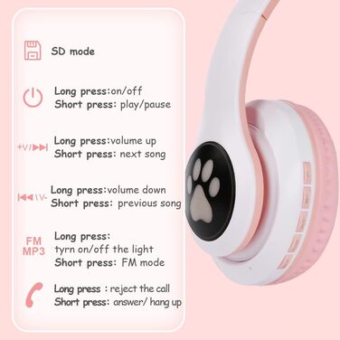 Дитячі навушники AXFEE з Bluetooth, Over-Ear, котячі вушка, LED-підсвітка, мікрофон, Micro SD/TF, рожеві