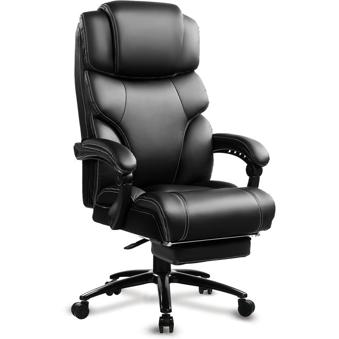 KCREAM Ergonomic Leather Office Chair with Footrest - High Back Executive Desk Chair, Adjustable Armrests, Swivel, Height Adjustable (Black)