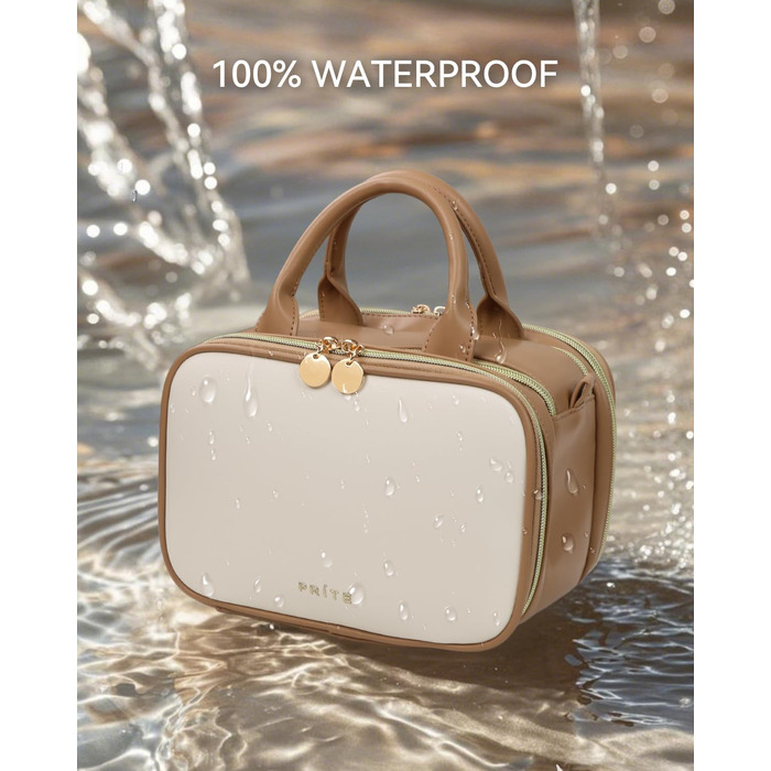 Косметичка для макіяжу Prite з великою місткістю, водонепроникна, з ручкою та кількома відділеннями, бежево-коричнева