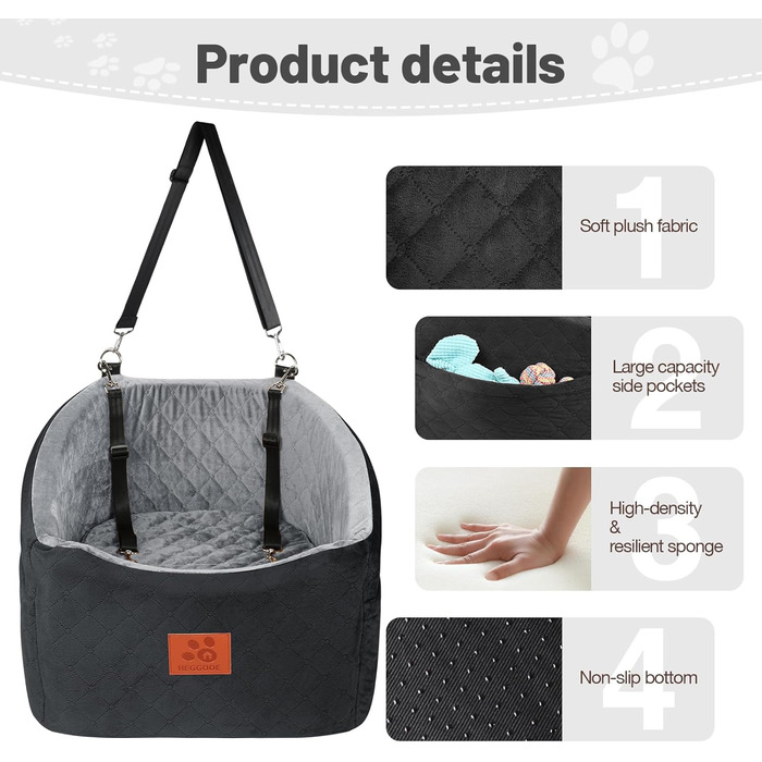 Автокрісло для собак HEGGOOE, чорно-сіре, для малих/середніх порід, з пам'яті піною, з кишенями та страхувальними ременями