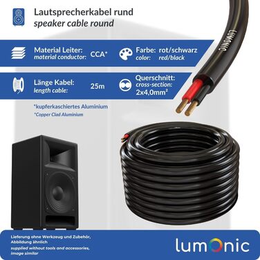 Акустичний кабель Lumonic 25м чорний 2x4mm² CCA HiFi для колонок, аудіо кабель 4mm²