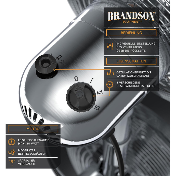Настільний вентилятор Brandson з мідним дизайном: 3 швидкості, осциляція 80°, нахил 40°, металевий корпус
