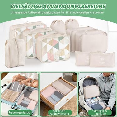 Органайзер для валізи 10 шт. Набір кубиків для пакування, водонепроникні сумки для одягу, взуття, косметики та аксесуарів. Чорний та бежевий кольори.