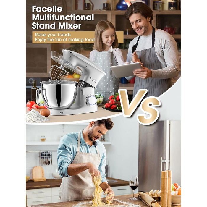Facelle 2000W 8.5L Stand Mixer - Heavy Duty Dough & Bread Machine with Whisk, Dough Hook, Beater & Splash Guard for Baking Cakes, Cookies & Kneading - 6+ Speed (Silver)