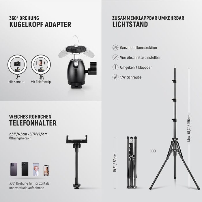 NEEWER Комплект кільцевого світла з штативом: 45 см, 55 Вт, 5600K, Bluetooth пульт, для фото та відео, YouTube, TikTok, селфі, макіяж, тату, салони (RL45C з 2 тримачами для телефону)