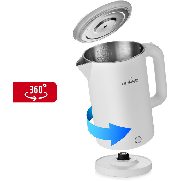Електричний чайник LEHMANN з нержавіючої сталі 1.7L, 2200W, швидкий нагрів, подвійні стінки, автовимкнення та захист від перегріву, BPA-free, для дитячого харчування, чаю та кави (білий)