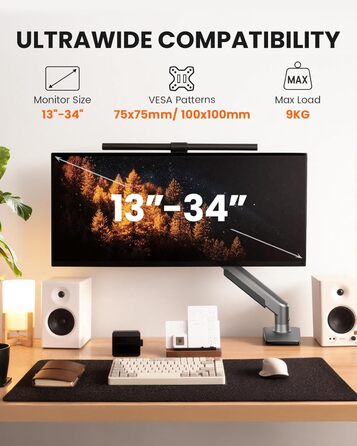 Кріплення для монітора ErGear: регульований кронштейн для моніторів 13-34 дюймів, підставка з кабельною організацією, VESA 75/100 мм, до 9 кг (срібний)