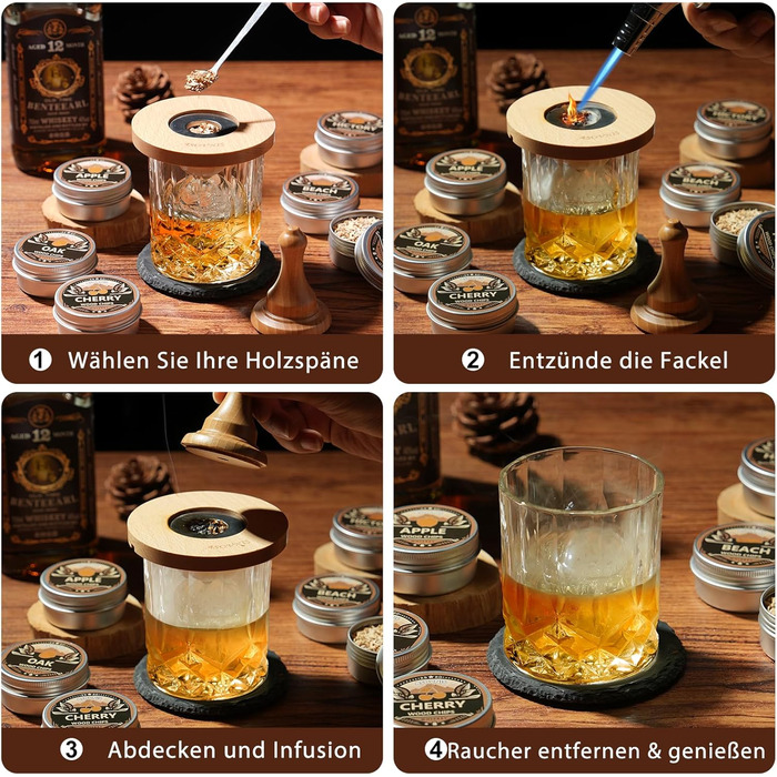 Набір для копчення віскі з факелом: 6 смаків, дерев'яні тріски, 2 склянки, 6 контейнерів для віскі, коктейльний набір для копчення, набір для копчення напоїв, подарунок на день народження для любителів бурбону (без бутану)