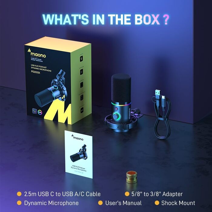 Мікрофон MAONO PD200XS XLR/USB: Набір для стримінгу, запису та геймінгу з RGB підсвіткою, регулюванням гучності та беззвучною кнопкою