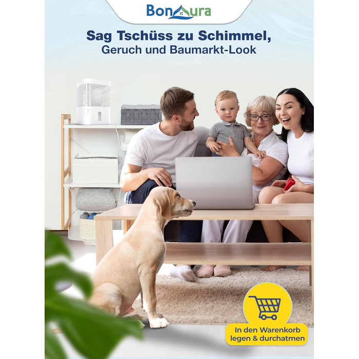 Зволожувач повітря BonAura® без струму до 23 м² | 360° вентиляція | Для дому та квартири | З виливом та 5 гранул по 680г | Захист від плісняви та неприємних запахів