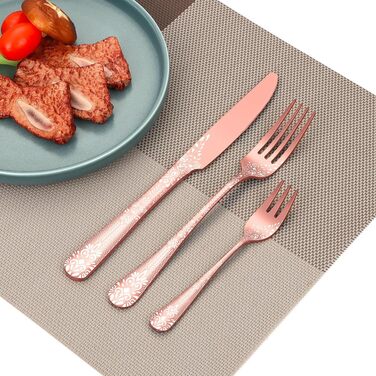 36-Piece Rose Gold Flatware Set for 6 People, HONKKU Stainless Steel Cutlery Set with Steak Knives, Polished Mirror Finish Cutlery Set with Floral Patterns, Fork Spoon Knife Set Dishwasher Safe