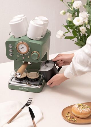 CREATE / THERA MATT RETRO/Espresso Machine Cream White Matt and Wood/Semi-Automatic, with a 15 bar pump and 1100W, 1.25L water tank, for ground coffee, 55 mm. ESE Pads (Green-Sage Matt - Wood)