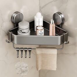 Поличка для душу без свердління, кутова поличка з присосками, органайзер для ванної кімнати, корзина для душу з тримачем для рушників та знімними гачками, сіра (1 шт.)