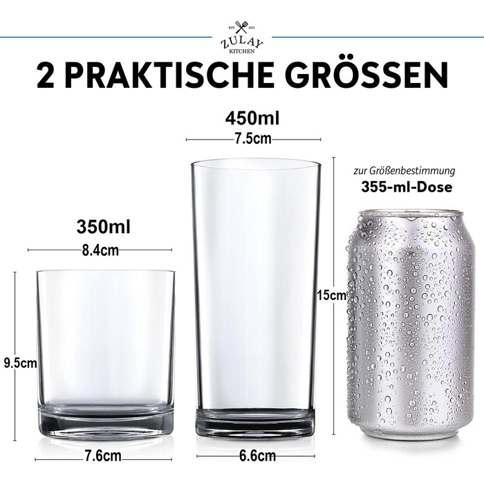 Zulay Unzerbrechlich Plastic Drinking Glasses, 8 Pack, Transparent, 4 each: 340 ml and 473 ml, Acrylic Cups for Kitchen – Unbreakable, BPA-free, Dishwasher Safe, Plastic Glasses Set