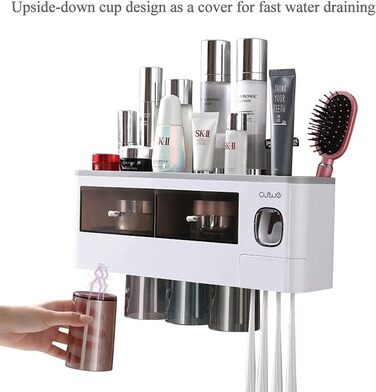 Automatic Toothpaste Dispenser Wall-Mounted with Space-Saving Toothbrush Holder for Bathroom, 2 Transparent Magnetic Cups, 6 Toothbrush Slots, 1 Cosmetic Organizer Drawer (Gray-4 Cups)