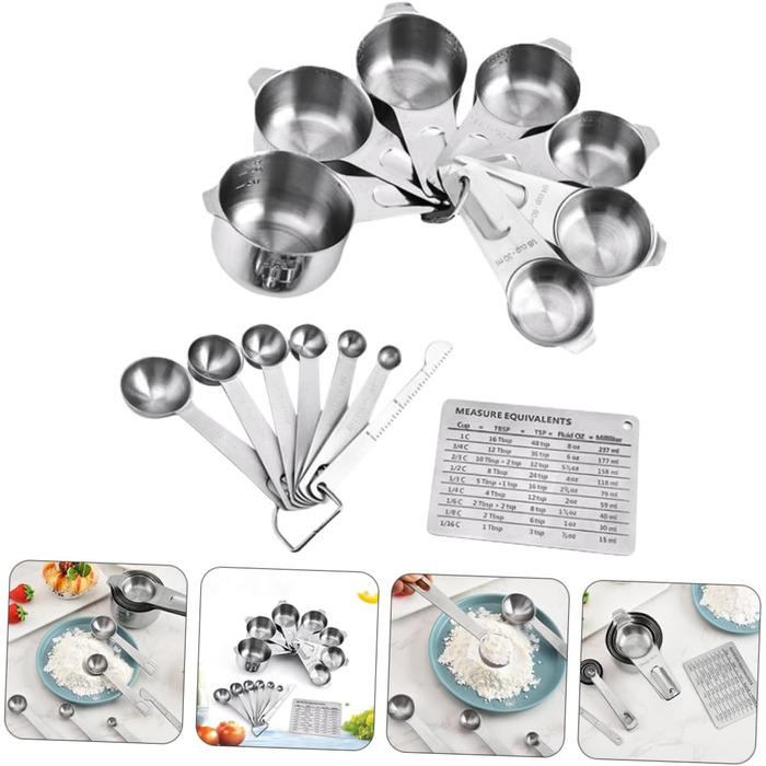 Stainless Steel Measuring Cup and Spoon Set with 7 Cups and 7 Spoons for Cooking and Baking