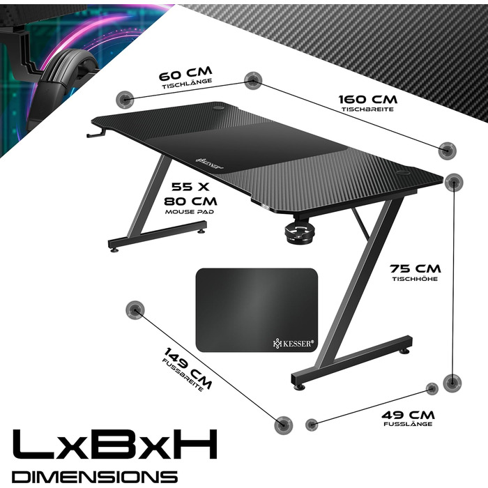 Ігровий стіл KESSER Gaming Z-подібний, 160x60 см, з карбоновим покриттям, підставкою для напоїв та гачком для навушників, чорний