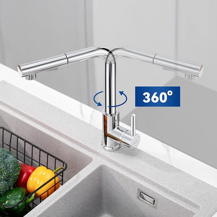 Змішувач кухонний висувний CECIPA з донним виливом, нержавіюча сталь, 2 режими, 360° оберт, матовий, для кухні