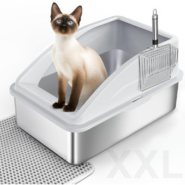 FURTIME Лоток для котів з нержавіючої сталі XXL, 42L, великий, витокозахисний, з лопаткою, 60x40x36 см (Сріблясто-сірий)