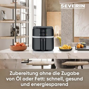 Аерофритюрниця SEVERIN FR 2452, 5 л, 1500 Вт, без жиру, антипригарна, чорна/срібляста, для здорового приготування