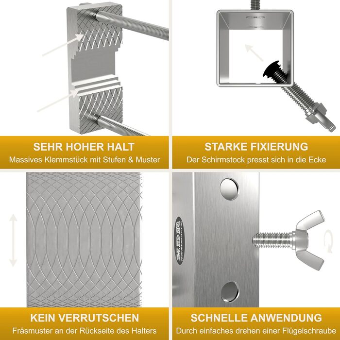 Stainless steel umbrella holder for balcony railings, round and square. Umbrella bracket suitable for umbrellas up to 270 cm. Balcony umbrella stand, stable square bracket, secure attachment to the railing.