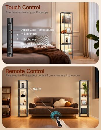 Стельова лампа з полицею, LED, регулювання яскравості, 3 колірні температури, сенсорне управління та пульт, полиця для книг, дерев'яна, сучасний дизайн для вітальні, спальні, офісу (чорний)