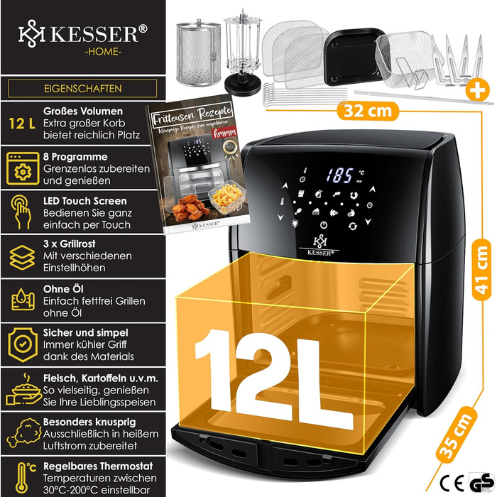 Фритюрниця KESSER® XXL Airfryer 9в1 з грилем, дегідратором та аксесуарами | 1800 Вт, чорний