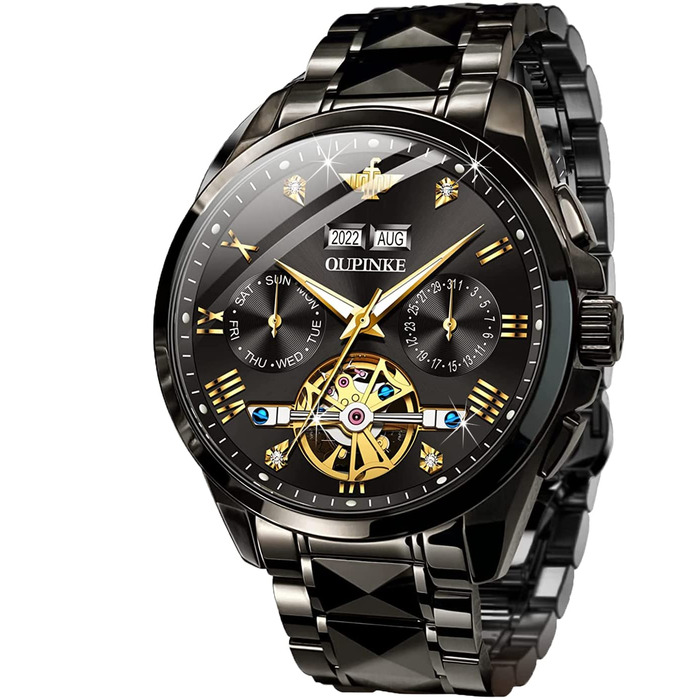 Чоловічий годинник OLEVS Automatik Skeleton Mechanical з автопідзаводом, люкс, з діамантами, сапфіровим склом, вологостійкий, браслет з вольфрамової сталі (3186 Чорний)