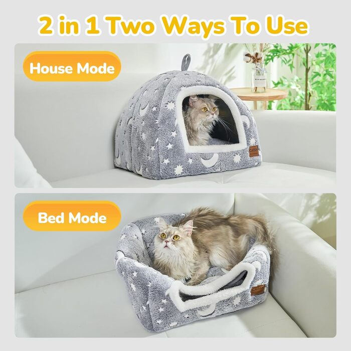 CATISM Cat Cave Cat Bed Glowing Cat House Cozy Cave Foldable Washable Comfortable Cat Sleeping Place for Cats Kittens Puppies with Removable Cat Head Pillow 40x40x38cm