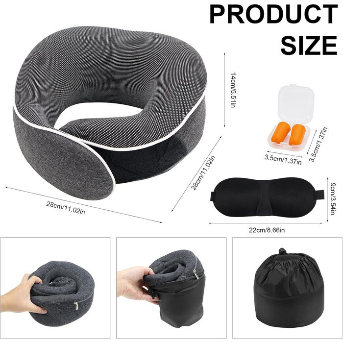 Подушка для шиї у подорожах Memory Foam - Подушка-вишийначка з маскою для сну та навушниками - Сіра