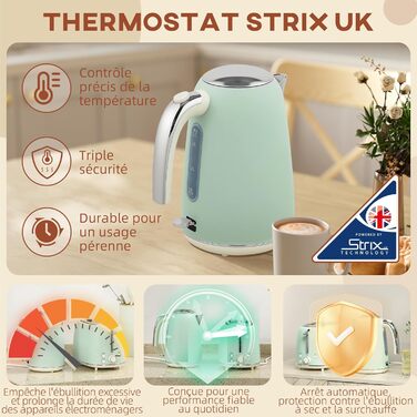 Набір чайник та тостер HOMCOM з нержавіючої сталі, 2200 Вт, 1.7 л, 2-слотовий тостер, 7 рівнів підсмажування, швидкий нагрів, термостат Strix, фільтр від накипу та піддон для крихт, зелений