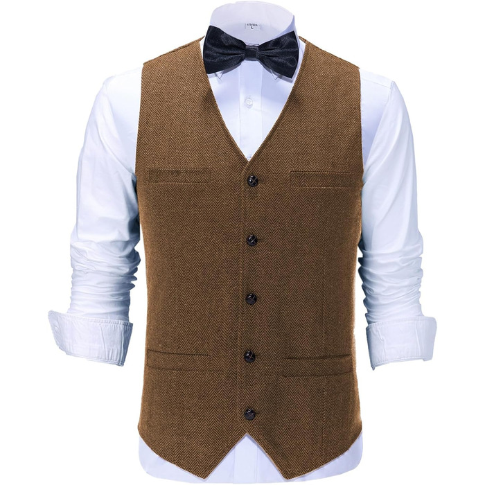 Стильний костюм-жилет Solovedress для чоловіків з вовни у риб'ячому плетеному стилі, V-подібний виріз, твід, для весілля та друзів нареченого, колір: коричневий L