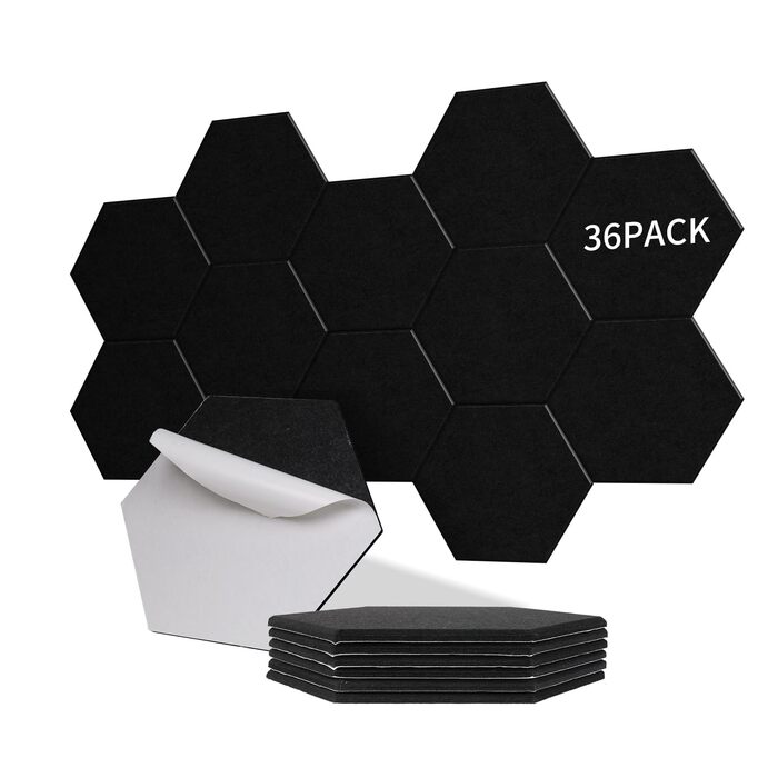 Акустичні гексагональні панелі самоклейні для звукоізоляції стін та дверей, 1.4м², 36 шт, чорні (230кг/м³, NRC 0.95, 100% поліестер)
