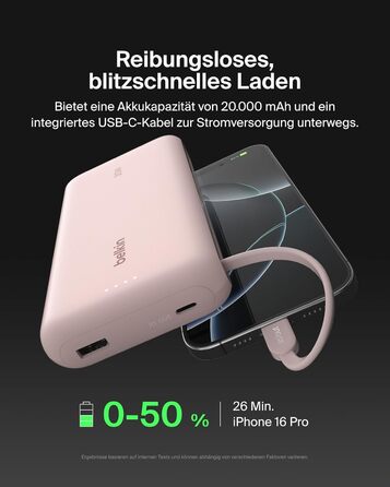 Повербанк Belkin Portable Powerbank 20000 mAh з вбудованим кабелем USB-C, швидка зарядка PD 30W для iPhone 16, iPad Pro, Samsung Galaxy S25, рожевий