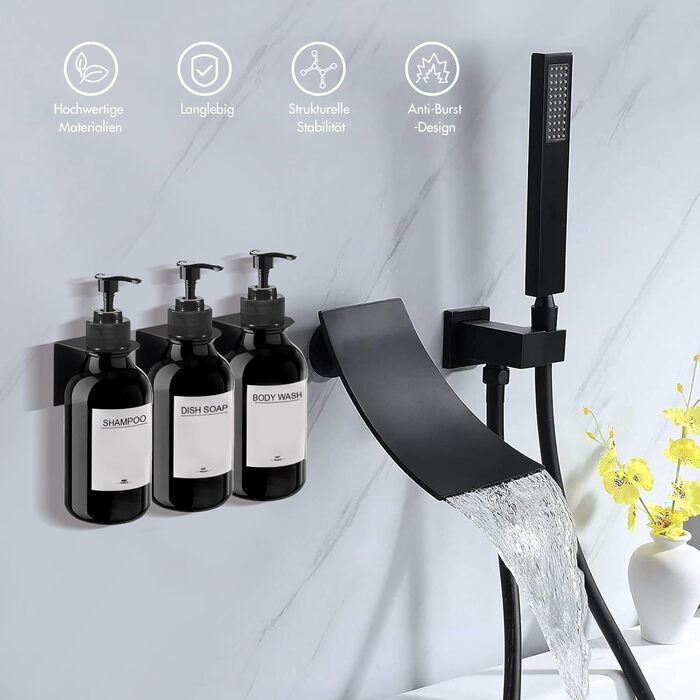 Soap Dispenser Wall Mount No Drilling, 3-Piece Set 500ml Soap Dispenser Wall Shampoo Dispenser Shower Dish Soap Dispenser Shampoo Dispenser for Kitchen Bathroom (Black2)