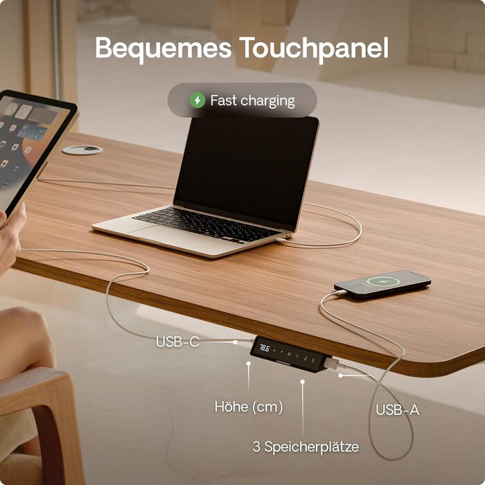 Електричний регульований стіл Desktronic HomePro 160x80 см з двома моторами, сенсорним керуванням та USB-портами (чорний + горіх)