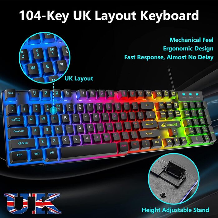 Ігровий набір клавіатури, навушників та миші, UK Layout, 104 клавіші, RGB підсвічування, 2400DPI, 7.1 Surround Sound, для PS4/Xbox (потрібен адаптер)