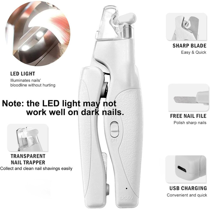 Професійний триммер для когтів домашніх тварин з LED-підсвічуванням: для собак та котів середніх та маленьких порід, з високоякісною лезою та пилочкою для догляду за кігтями