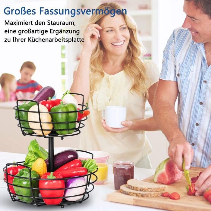 Металева підставка для фруктів та овочів на 2 яруси з гачком для бананів - чорна