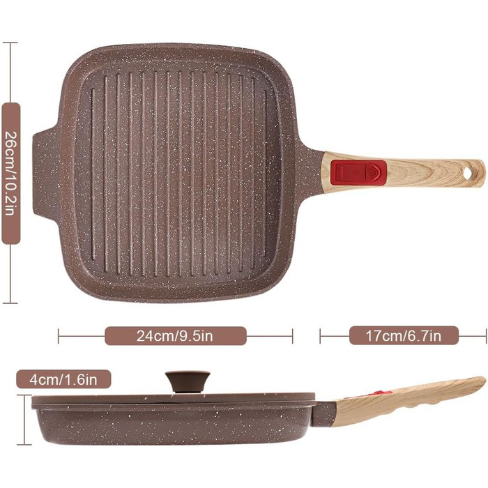 Гриль-сковорода з кришкою 26x24 см з керамічним антипригарним покриттям, знімною ручкою (Коричнева)