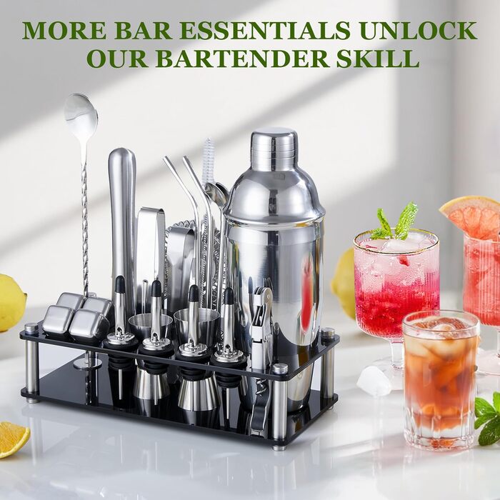 Sliver 23-Piece Stainless Steel Cocktail Shaker Set with Acrylic Stand & Recipe Book - Professional Bartender Bar Tools for Drinks, Whiskey Stones