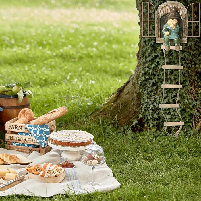 Thyle 4-Piece Garden Gnome Outdoor Tree Hugger Gnome Fairy Statue Elf Out The Door Resin Figure Hanging Ladder Decoration Tree Faces Decor Outdoor for Patio Yard Lawn