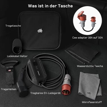 Мобільна зарядна станція/Wallbox Dé 11 кВт (3-фазна) з регульованою потужністю, кабель CEE 16A на Typ 2, сумісна з Model Y/3, ID.3/4/5, MG4, EX30, e-up, e-tron, Zoe та інші електромобілі