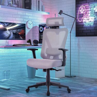 Крісло офісне Yaheetech ергономічне з регульованою підголівником, підлокітниками та поперековою підтримкою, поворотне, з можливістю нахилу 90°-130°, регульоване по висоті (світло-сірий)