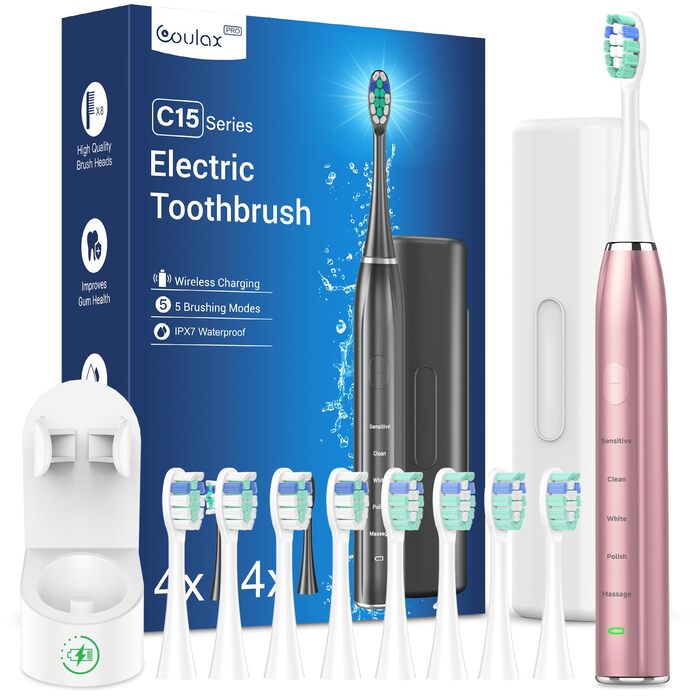 Електрична звукова зубна щітка для дорослих Roségold з відбілюючим ефектом - 8 насадок, 5 режимів, кейс для подорожей та зарядний пристрій