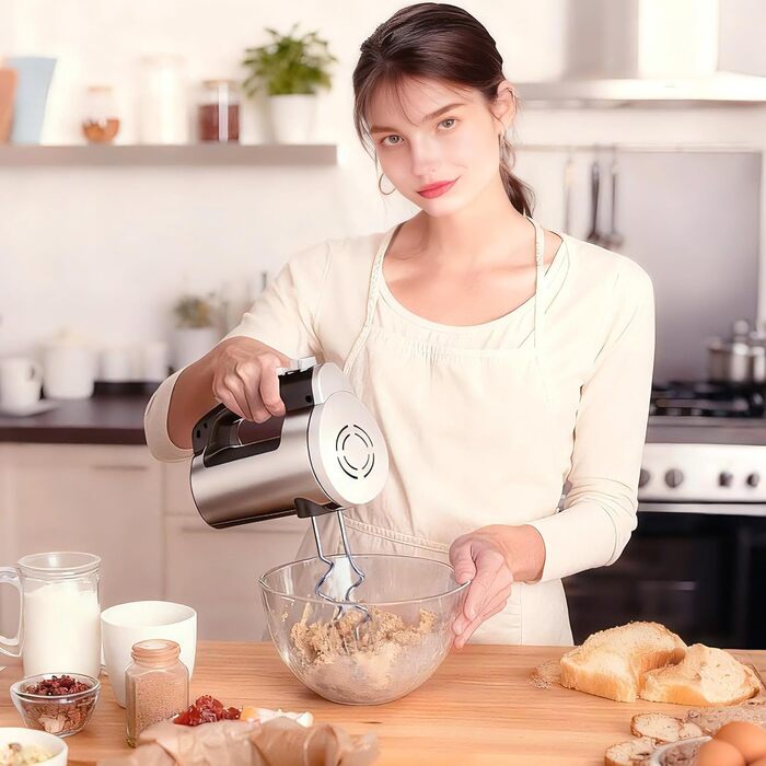 Електричний ручний міксер VINATO 300W з 6 режимами, 2 насадки (венчик та гак) | Для тіста, яєць, збивання вершків, випічки | Потужний, захист від перегріву, срібний