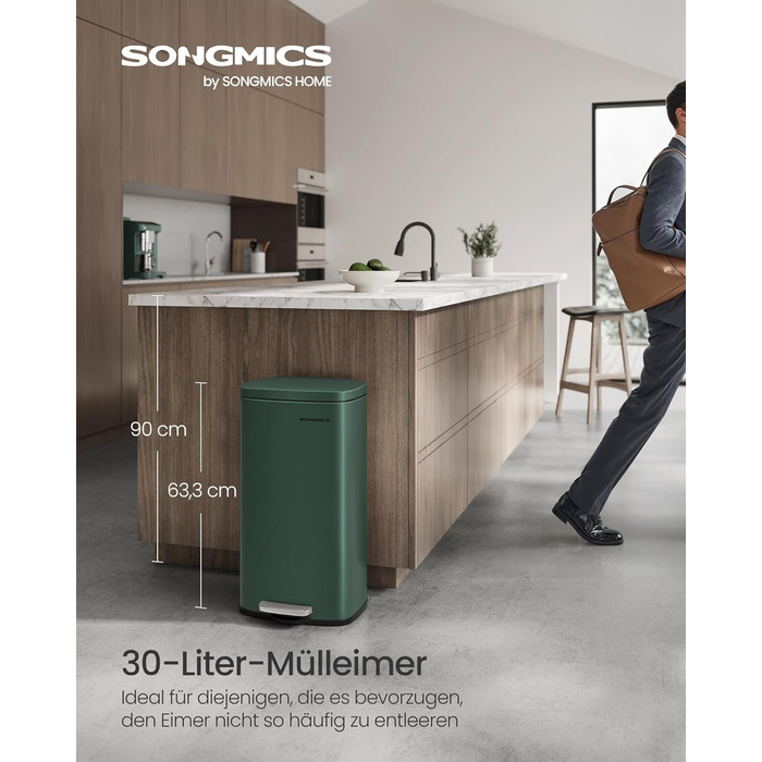 Відро для сміття SONGMICS 30 л, стале, з м'яким закриттям, з внутрішнім відром, для кухні, Vintage Green